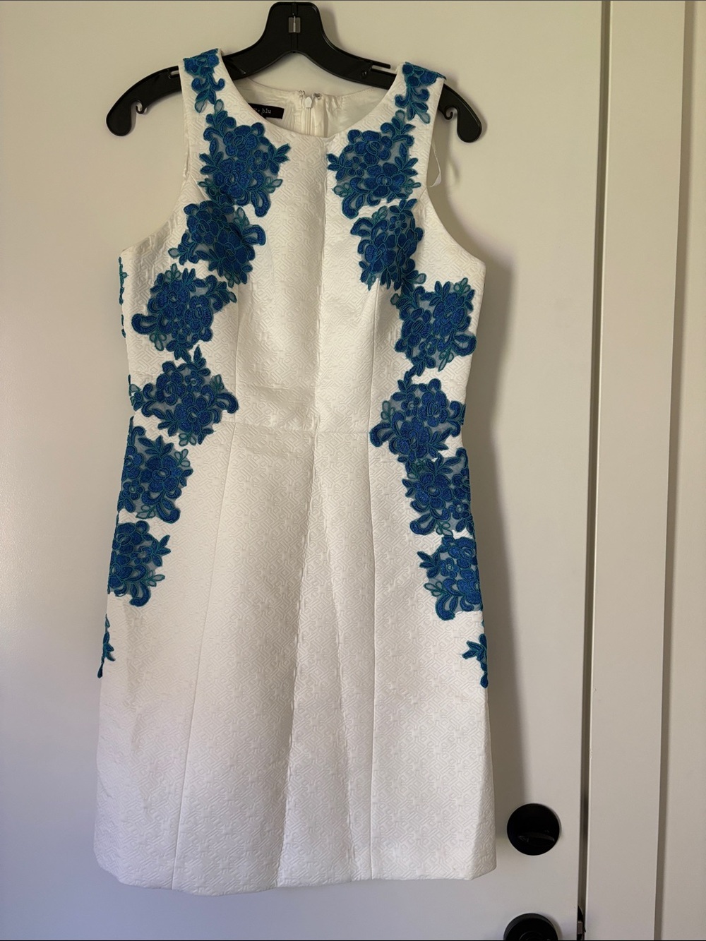 White Sleeveless Dress with Blue Lace Floral Applique